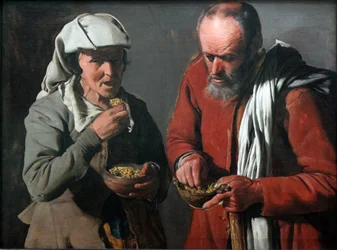 Pareja de campesinos comiendo guisantes